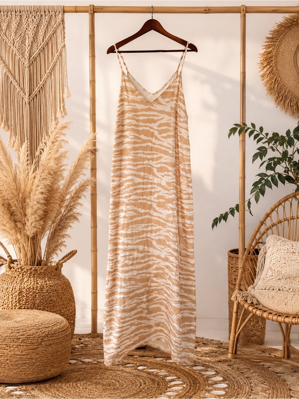 koi Beige and White Zebra-Print Maxi Slip Dress